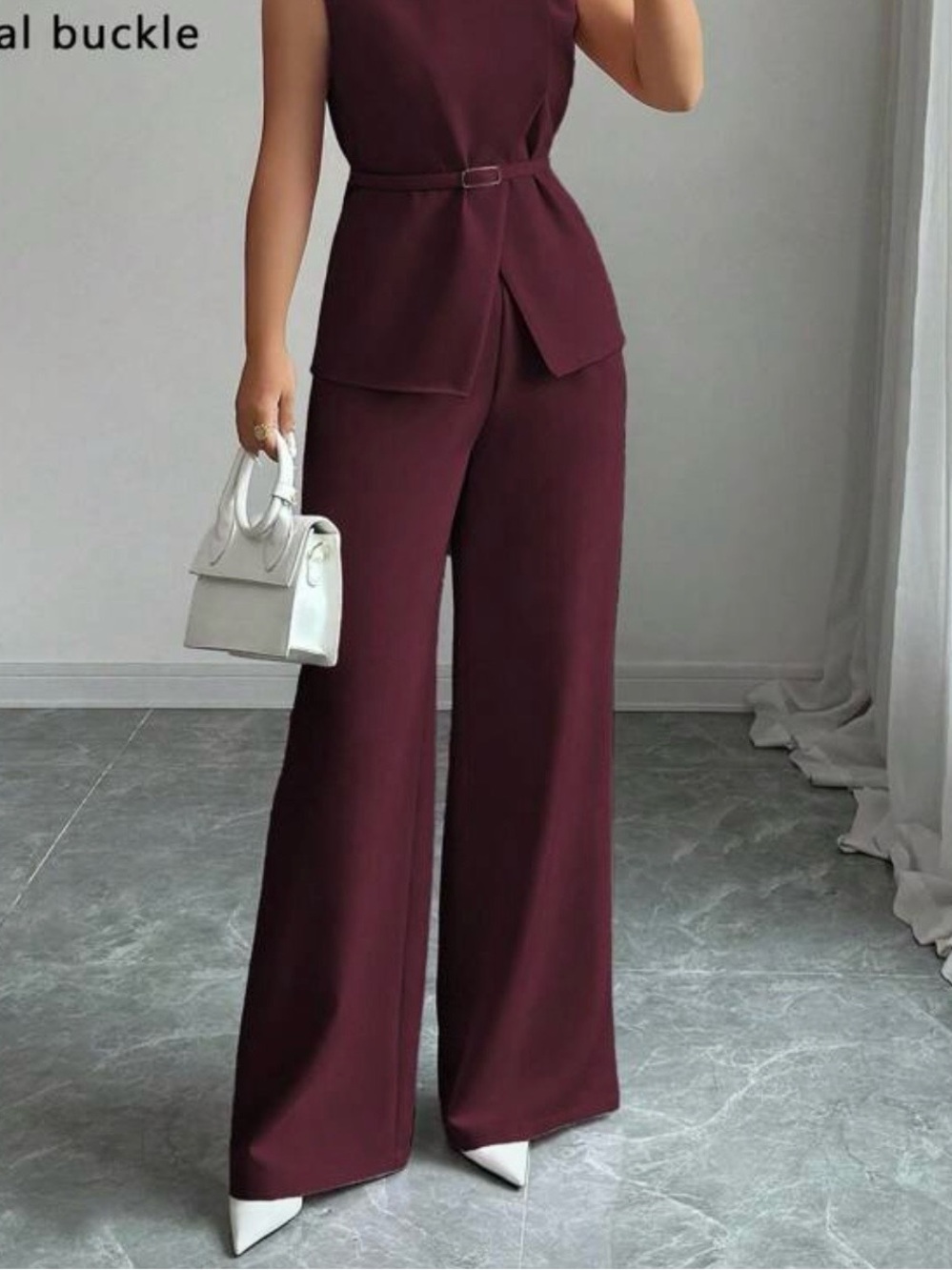 Sleeveless Belted Wide-Leg Jumpsuit in Burgundy